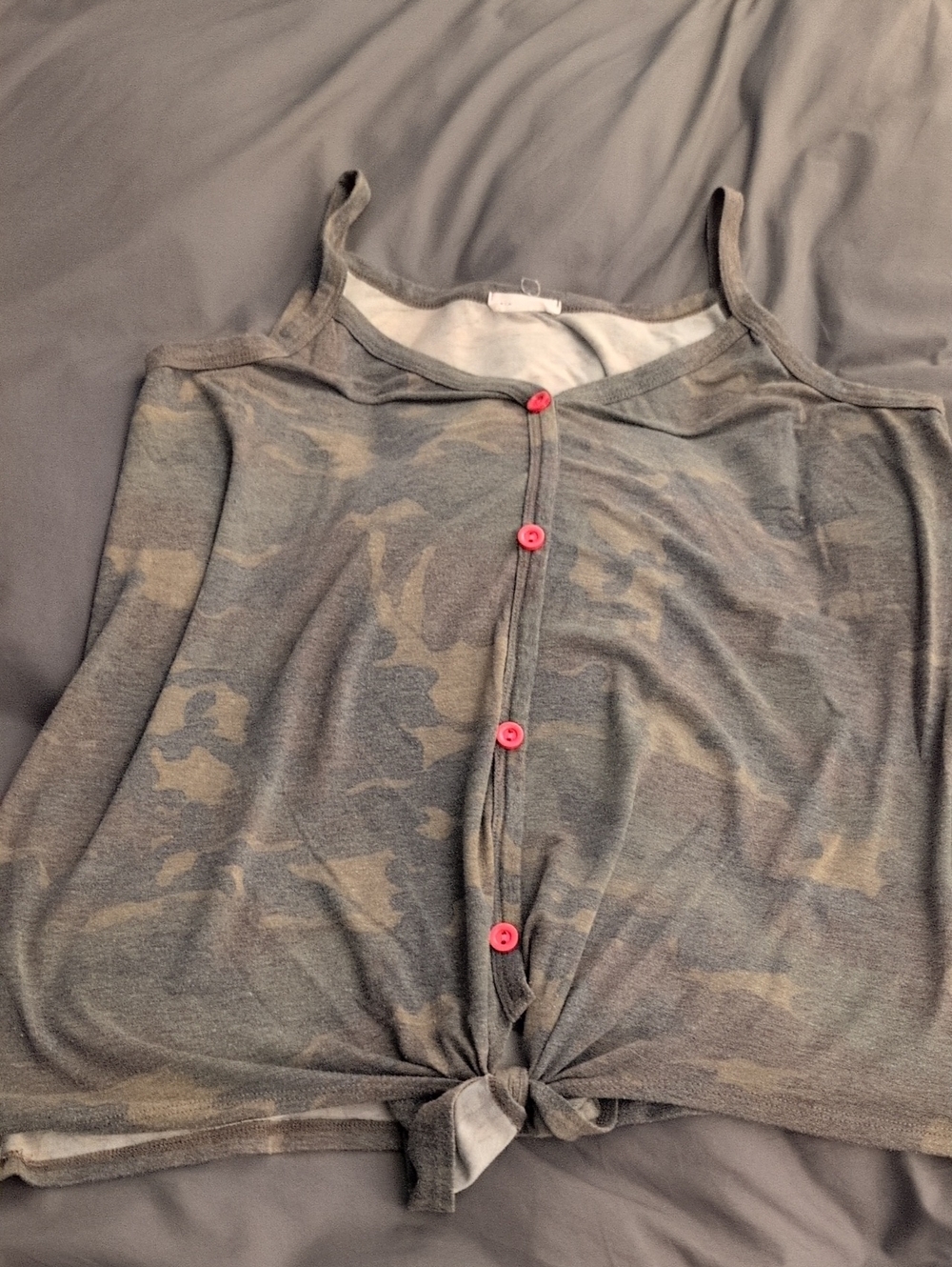 Camo Tie-Front Tank Top with Pink Buttons 2x